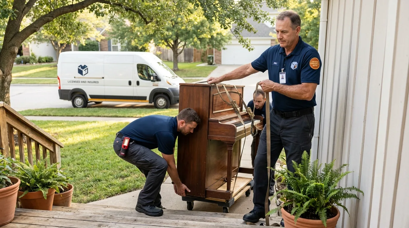 Licensed piano movers securing grand piano in Alma, NE