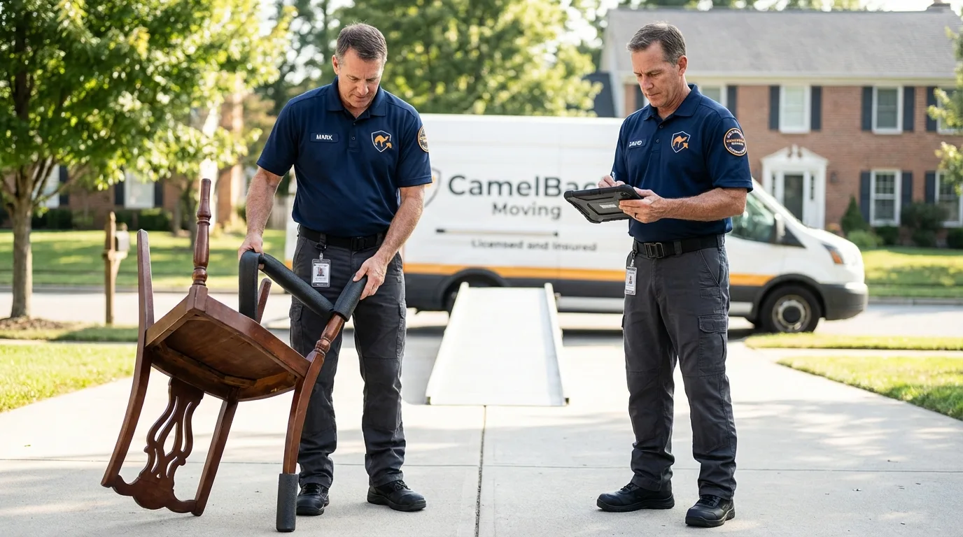Movers inspecting furniture for damage prevention before loading in Alma, NE